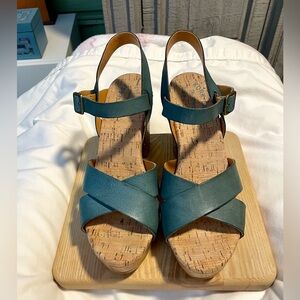 *EUC* Kork-Ease Leather & Cork Wedge Sandals - Womens Sz 8 M - Blue - KE0012513